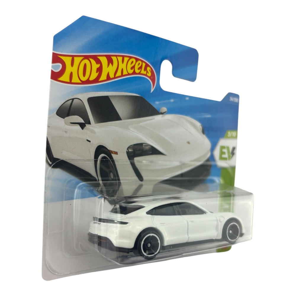 Hot Wheels Porsche Taycan Turbo S white rear view highlighting sleek silhouette