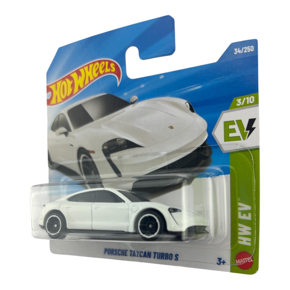 Hot Wheels Porsche Taycan Turbo S white side view for display-ready detail