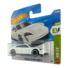 Hot Wheels Porsche Taycan Turbo S white side view for display-ready detail