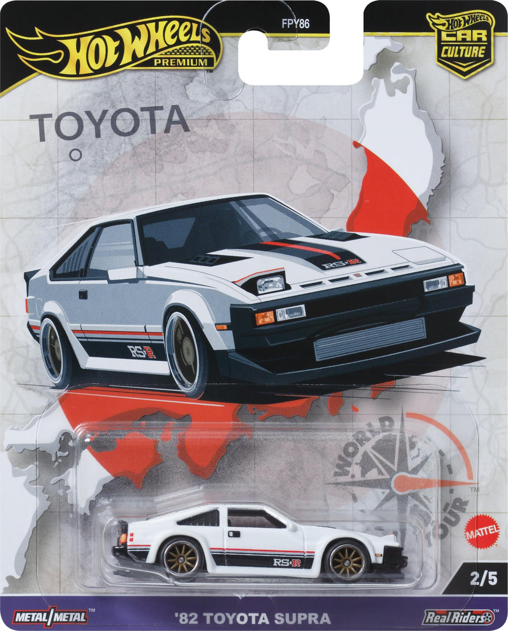 Hot Wheels Premium Car Culture 82 Toyota Supra World Tour on display, ideal for collectors.