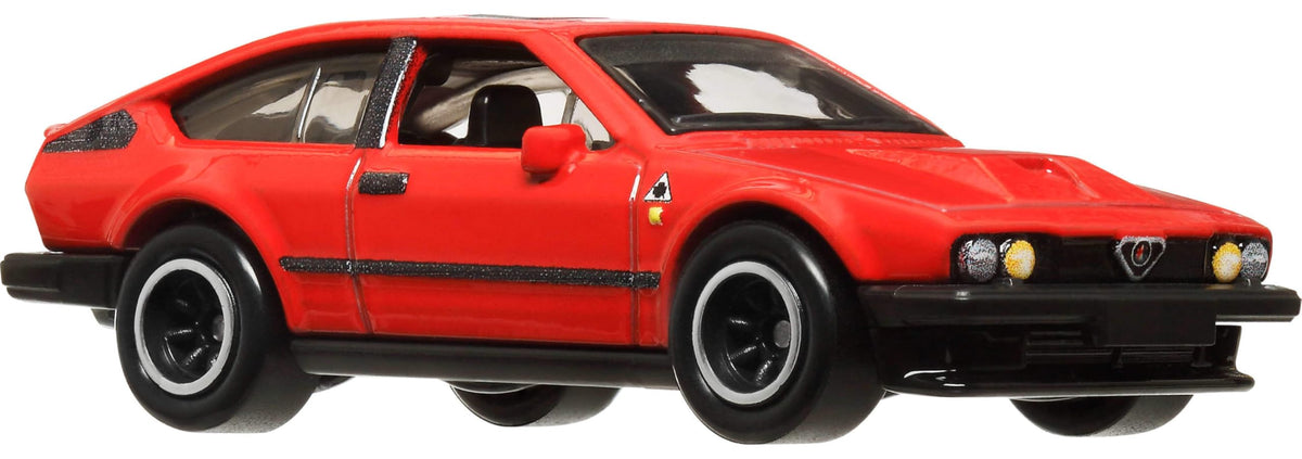 Hot Wheels Alfa Romeo GTV6 3.0 side view with Real Riders tires for authentic display.