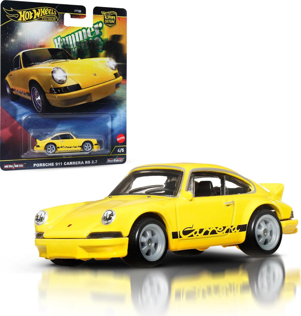 Hot Wheels Porsche 911 Carrera RS 2.7 side view with authentic deco for display.