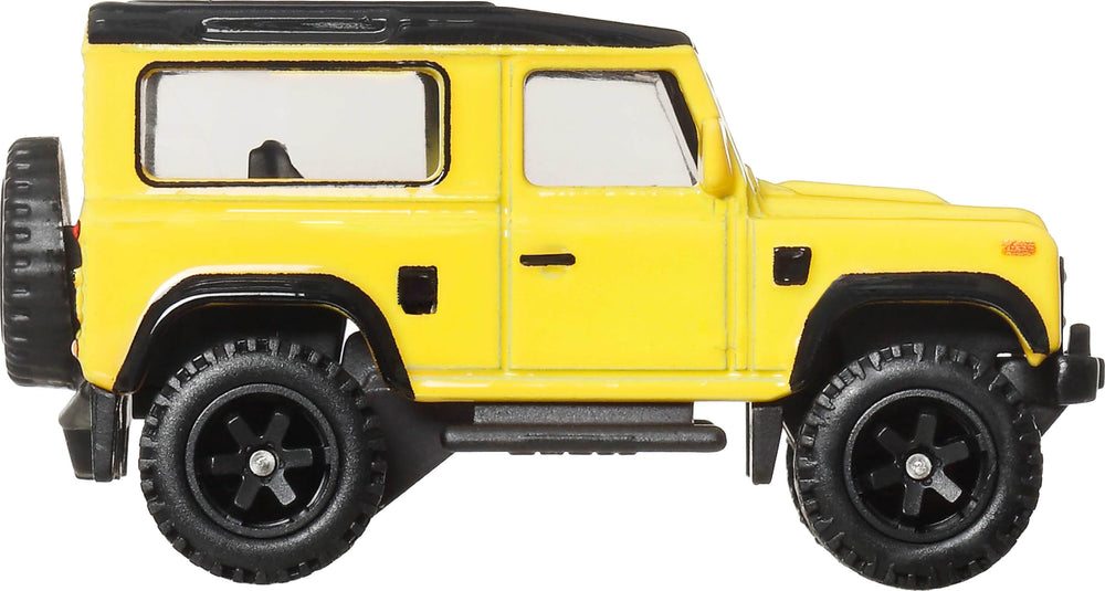 Hot Wheels Land Rover Defender 90 close-up reveals metal body craftsmanship.