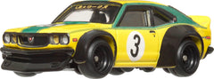 Hot Wheels Mazda RX3 closeup with Real Riders tires for display and collection