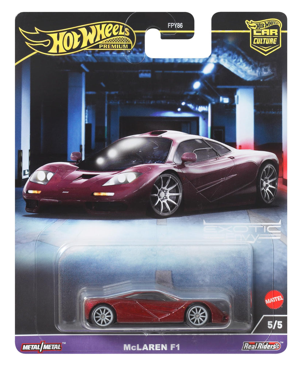 Hot Wheels McLaren F1 1:64 display-ready car on a shelf.