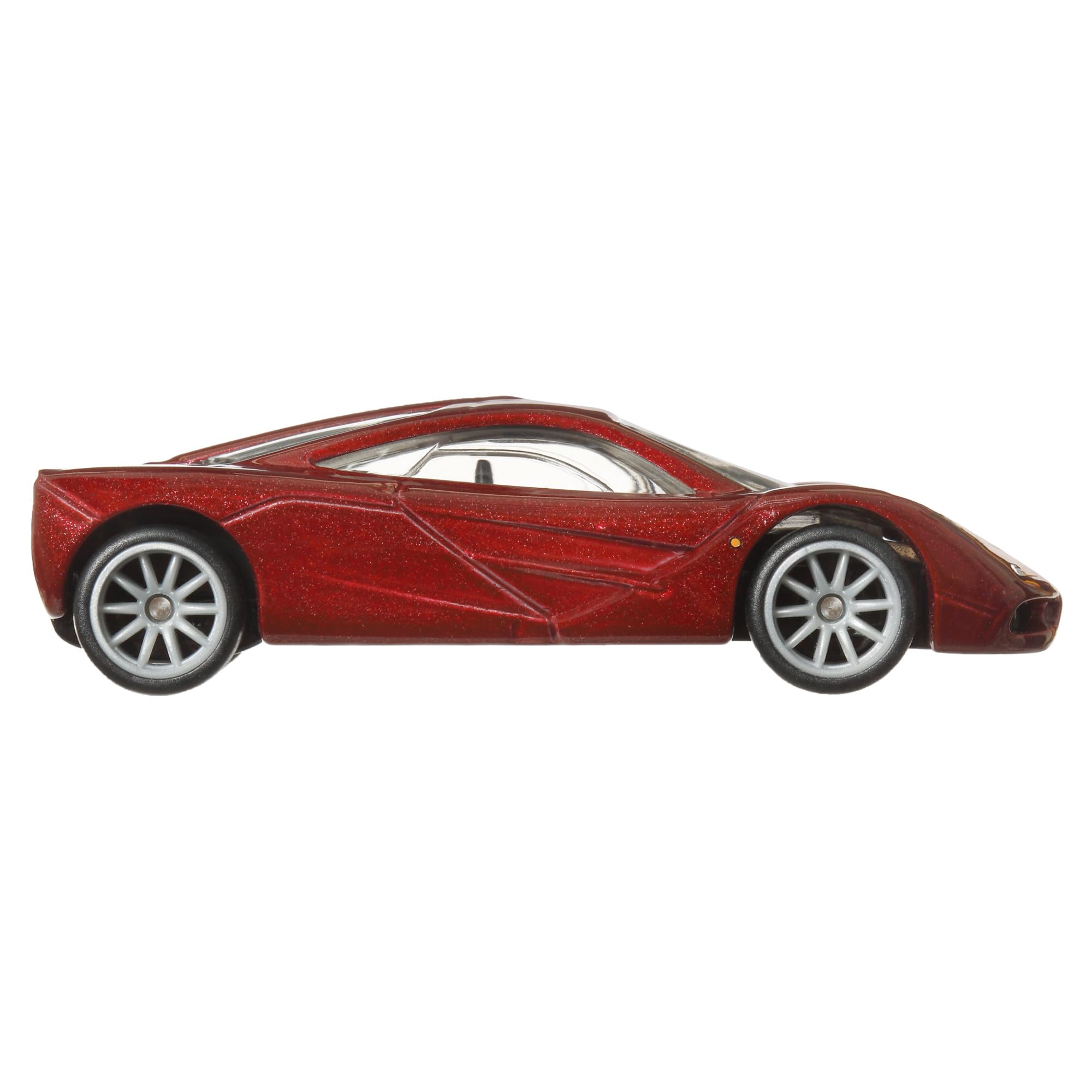 Hot Wheels McLaren F1 1:64 rear close-up highlights durable metal chassis for display.
