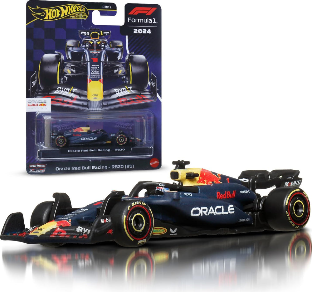 Hot Wheels Oracle Red Bull RB20 die-cast front view with premium metal body and authentic livery.