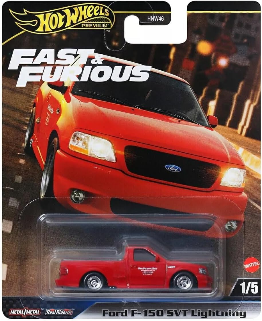 Hot Wheels Ford F-150 SVT Lightning red front view showing authentic race detailing for display