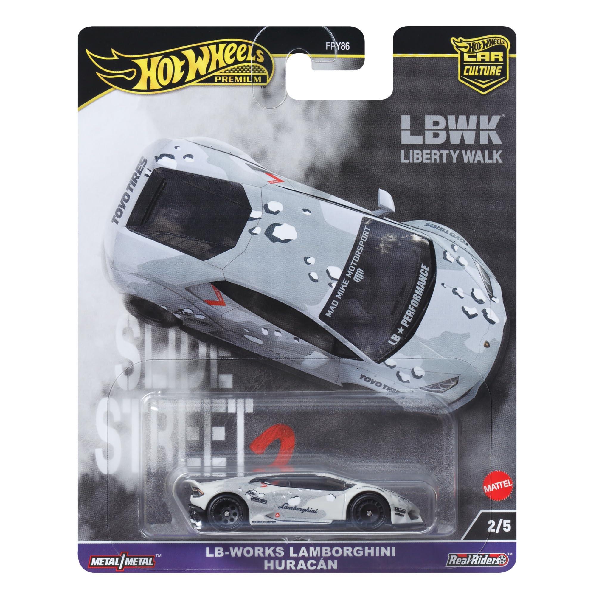 Hot Wheels Premium LB-Works Lamborghini Huracan slide-side view for display.