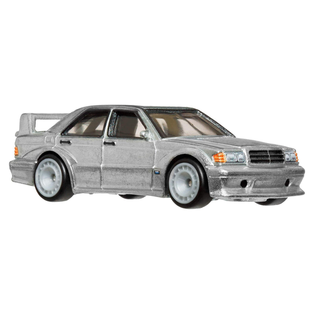 Hot Wheels Premium Mercedes-190E front view reveals authentic design details for collectors.