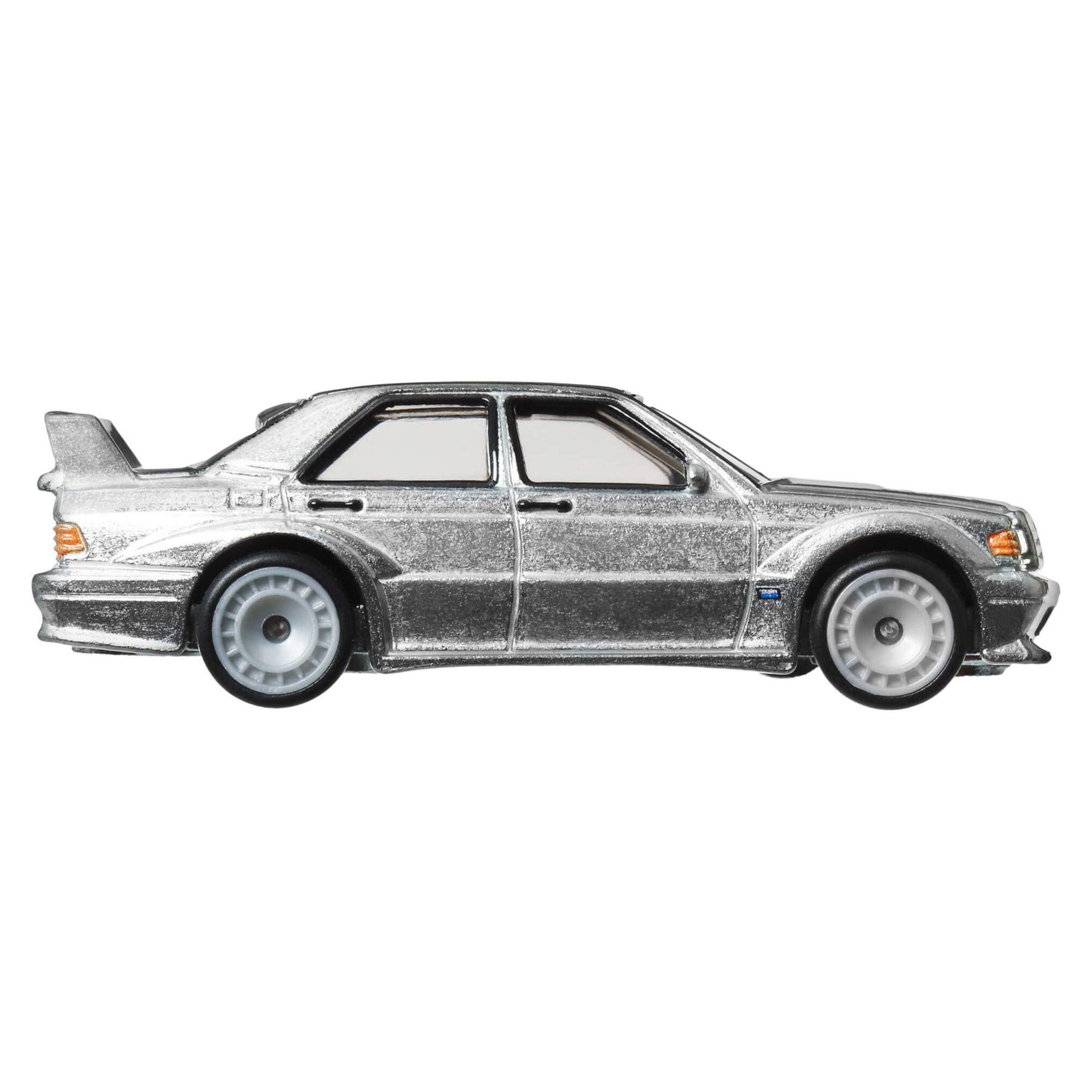 Hot Wheels Premium Mercedes-190E rear-angle highlights sleek profile for unique shelf appeal.