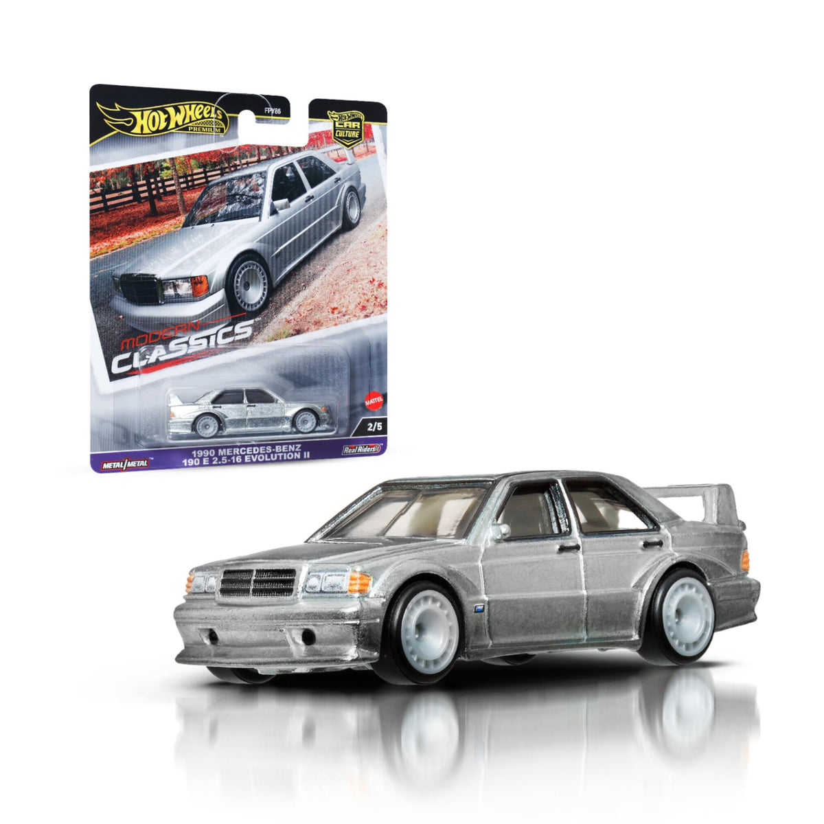 Hot Wheels Premium Mercedes-190E side view for display-ready collection.