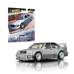 Hot Wheels Premium Mercedes-190E side view for display-ready collection.