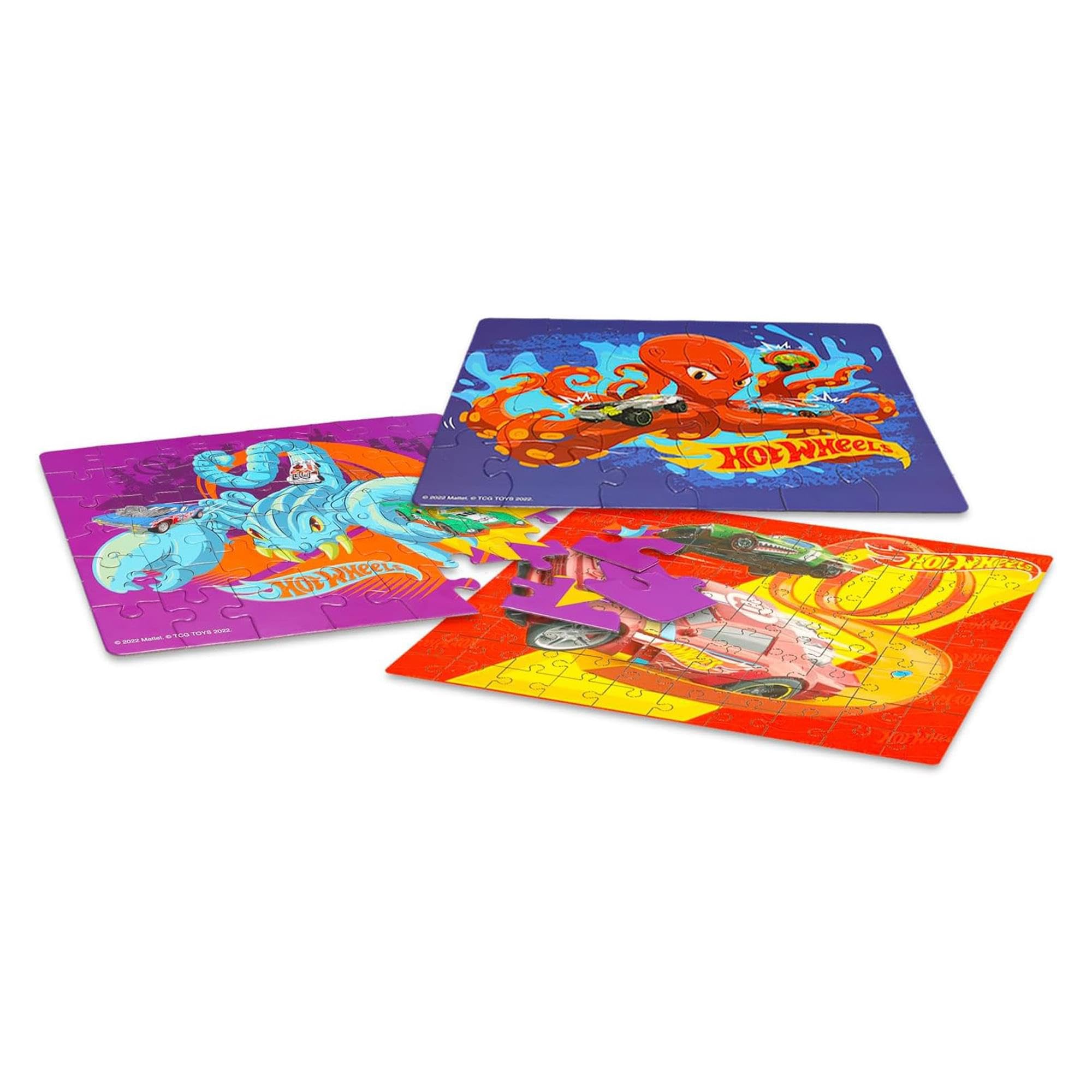 Hot Wheels puzzles 100pc: intricate pieces for developing fine motor skills.
