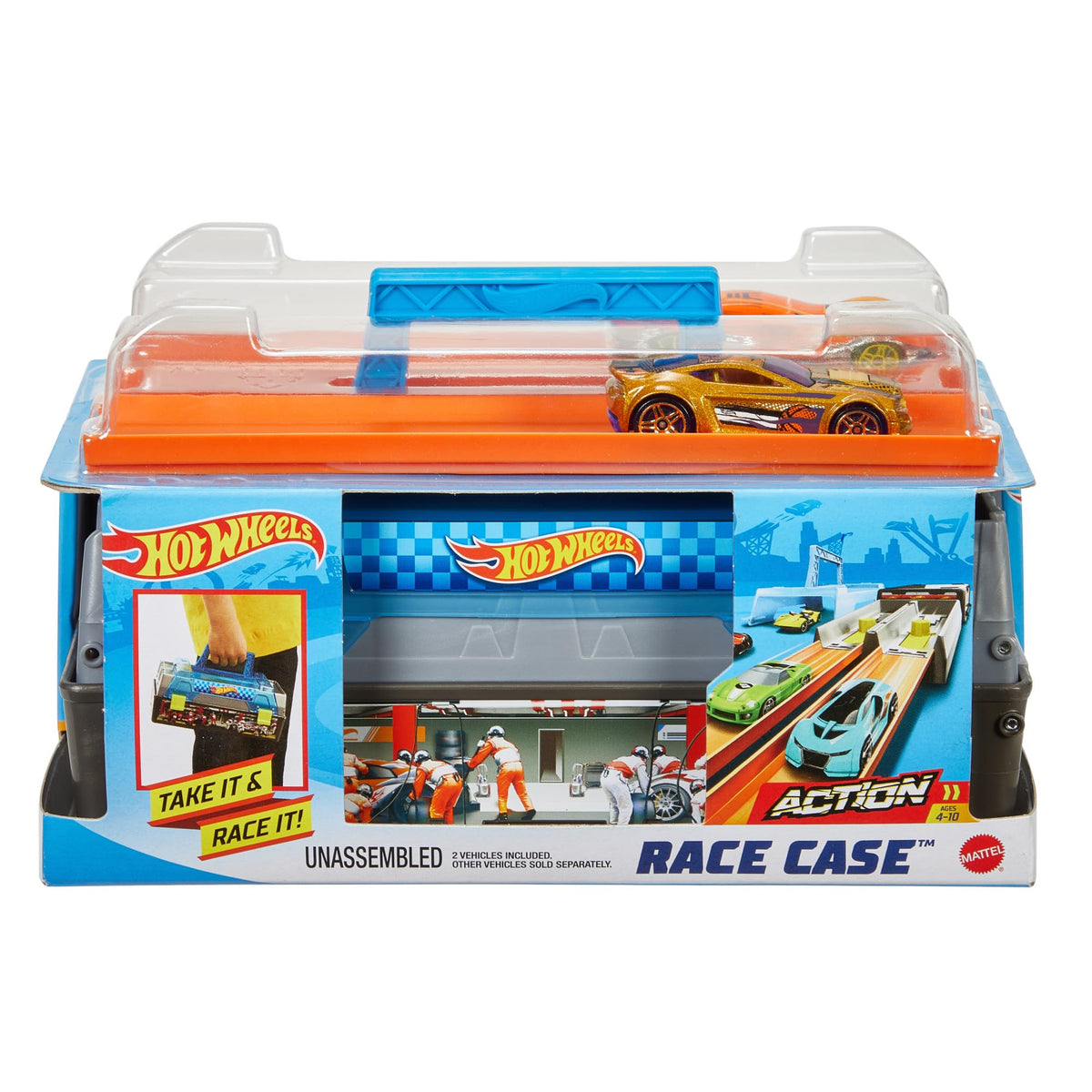 Hot Wheels Race Case front view with two cars and launchers for portable racing fun.