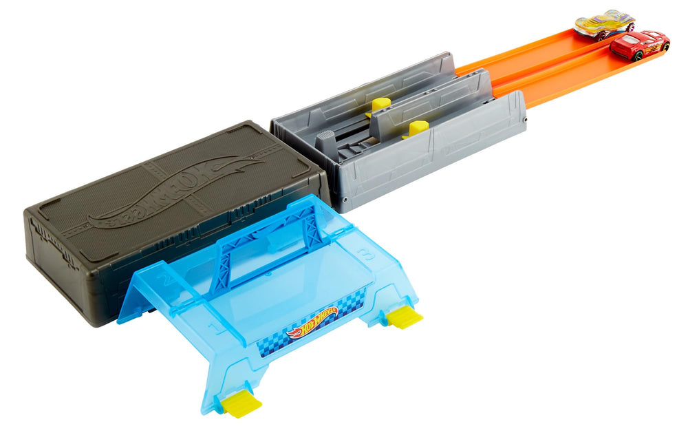 Hot Wheels Race Case open, displaying track pieces ready for playtime.