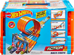 Hot Wheels Race Crate setup highlights portable play and easy storage.