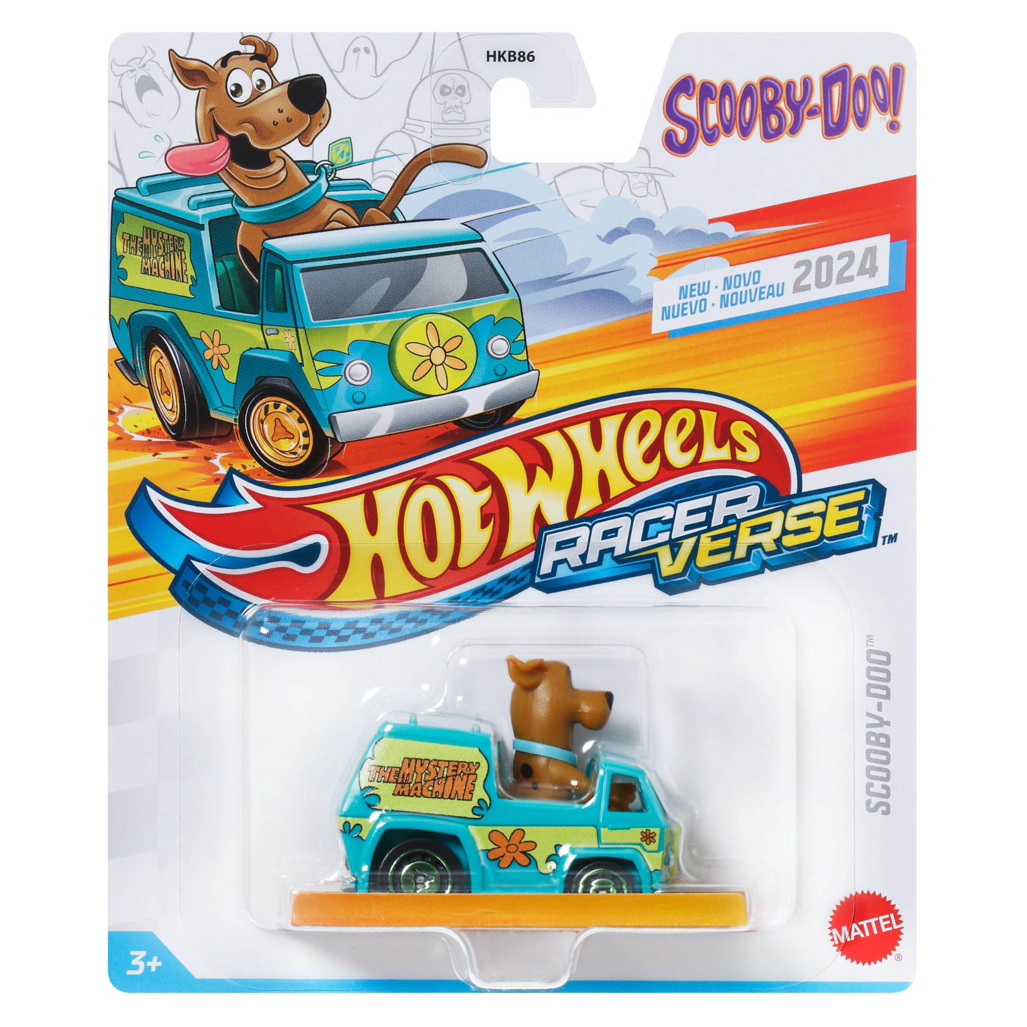 Hot Wheels Racer Verse Scooby-Doo Mystery Machine packaging display highlights iconic character for gifting.