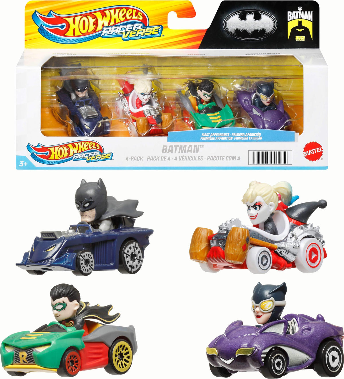 Hot Wheels RacerVerse 4-pack front view, ready for track play.