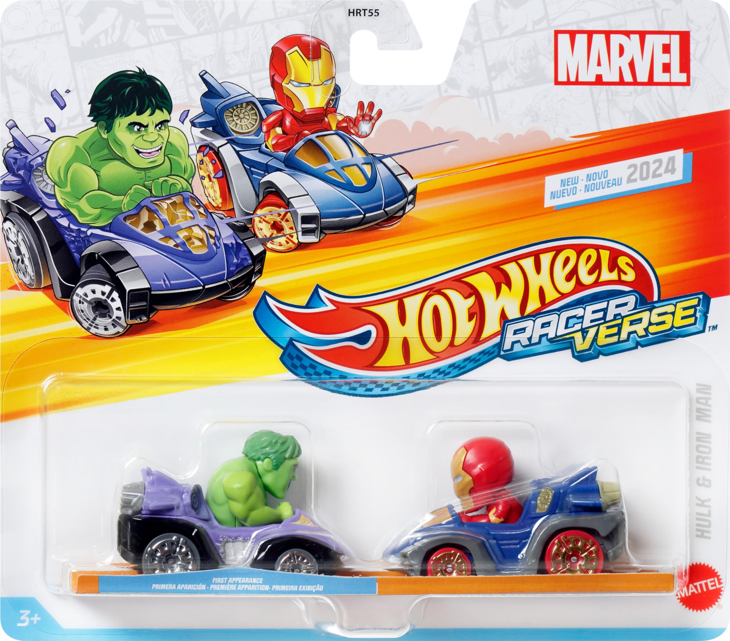Hot Wheels RacerVerse collectible display pose featuring Hulk and Iron Man figures