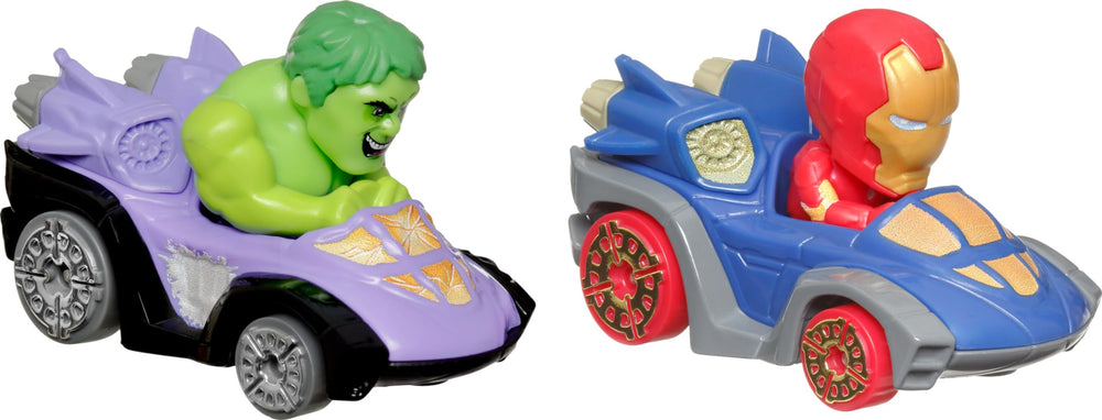 Hot Wheels RacerVerse Hulk and Iron Man front view car with durable die-cast design for play