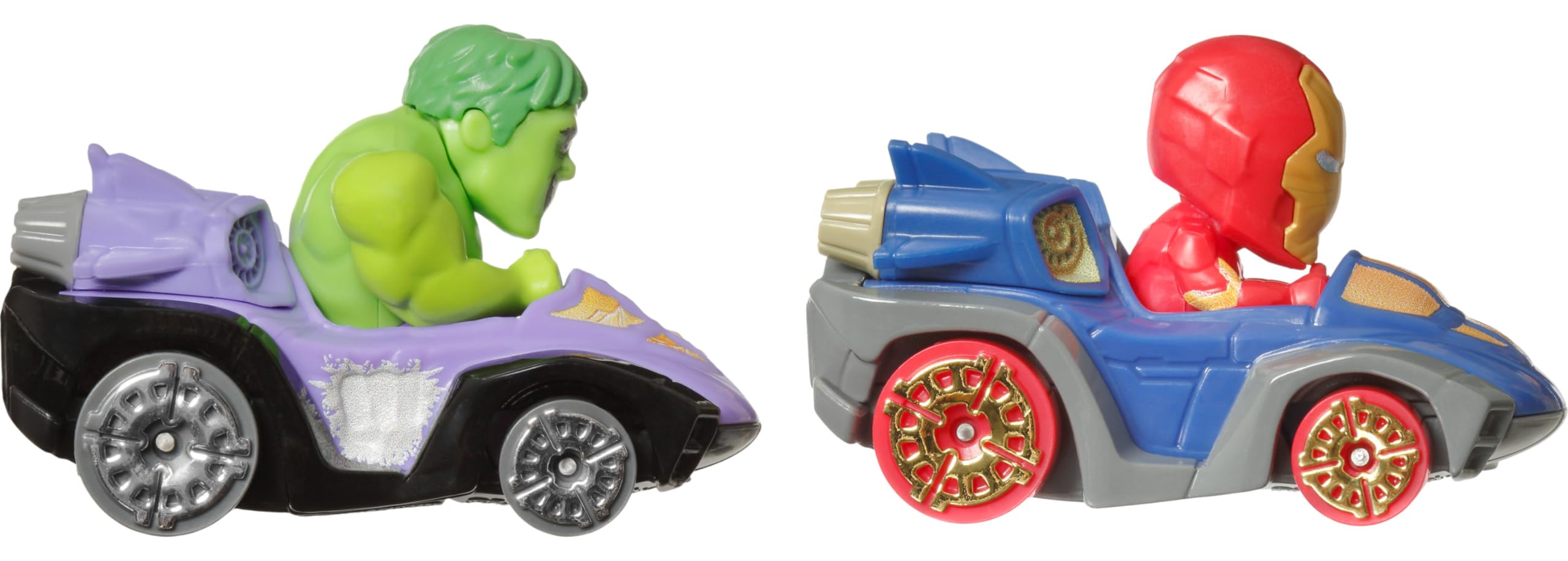 Hot Wheels RacerVerse Hulk and Iron Man side view emphasizing sleek profile for track action