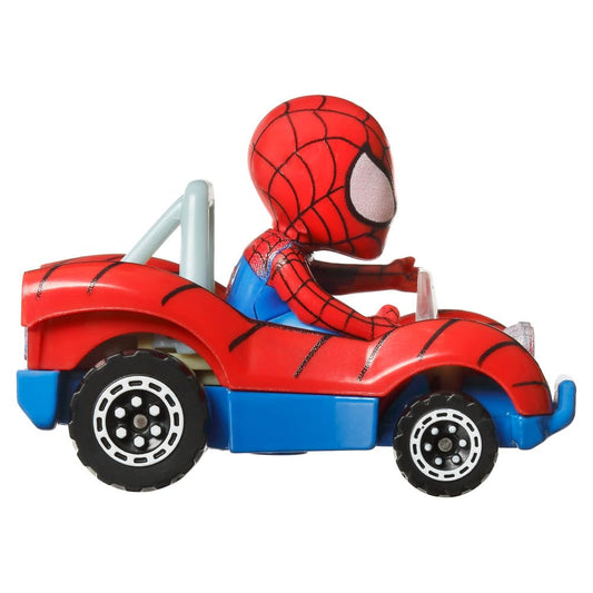 Hot Wheels RACERVERSE Spider-Man side view showcases dynamic styling for pretend race battles