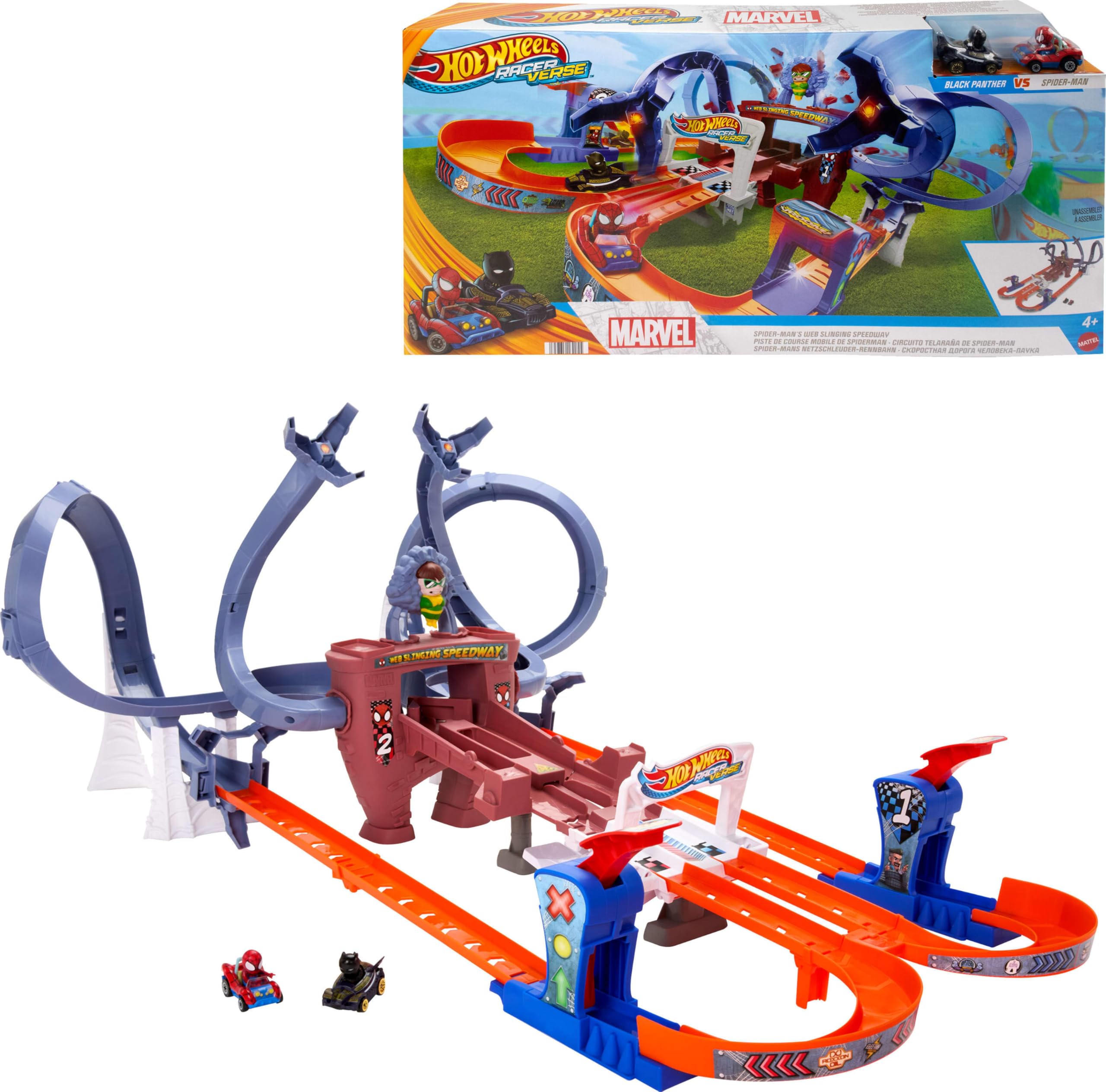 Hot Wheels RacerVerse Spider-Man web-slinging speedway for fast imaginative play.