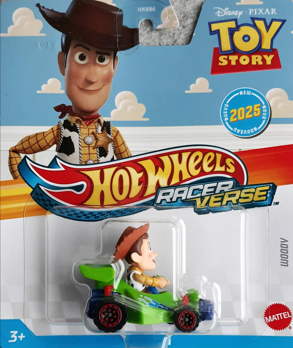 Hot Wheels RacerVerse Woody car featuring Woody figure, ideal for track play and display collections.