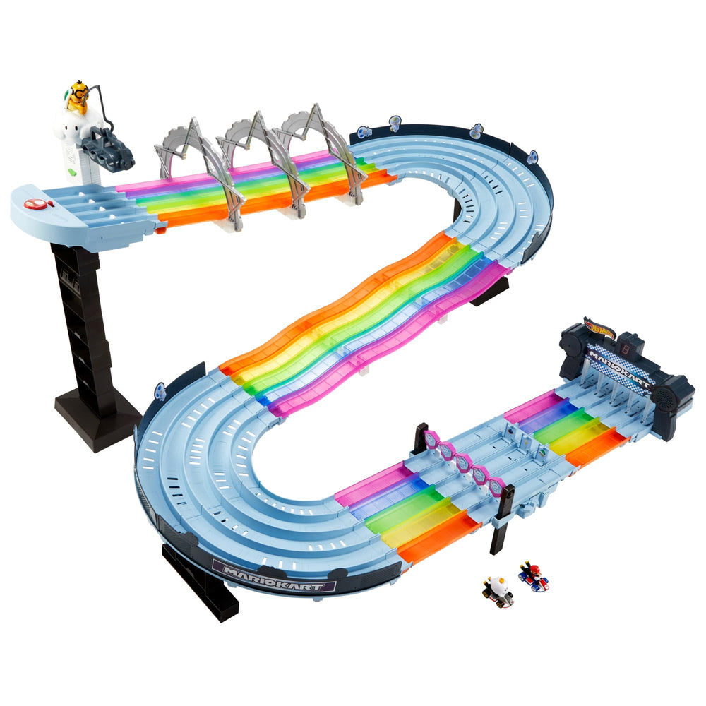 Hot Wheels Rainbow Road Raceway straight and curved layouts for varied challenges