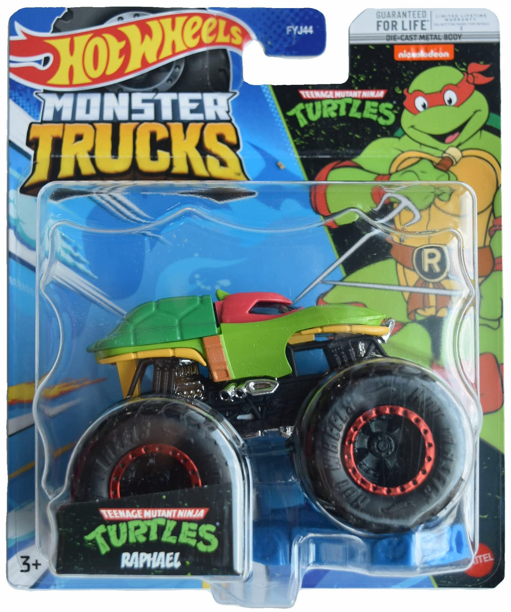 Hot Wheels Raphael monster truck with Connect and Crash for epic TMNT battles.