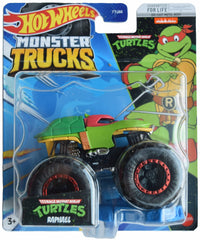 Hot Wheels Raphael monster truck with Connect and Crash for epic TMNT battles.