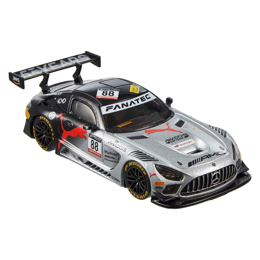 Hot Wheels Real Riders Mercedes-AMG GT3 1:43 side profile emphasizes scale accuracy.