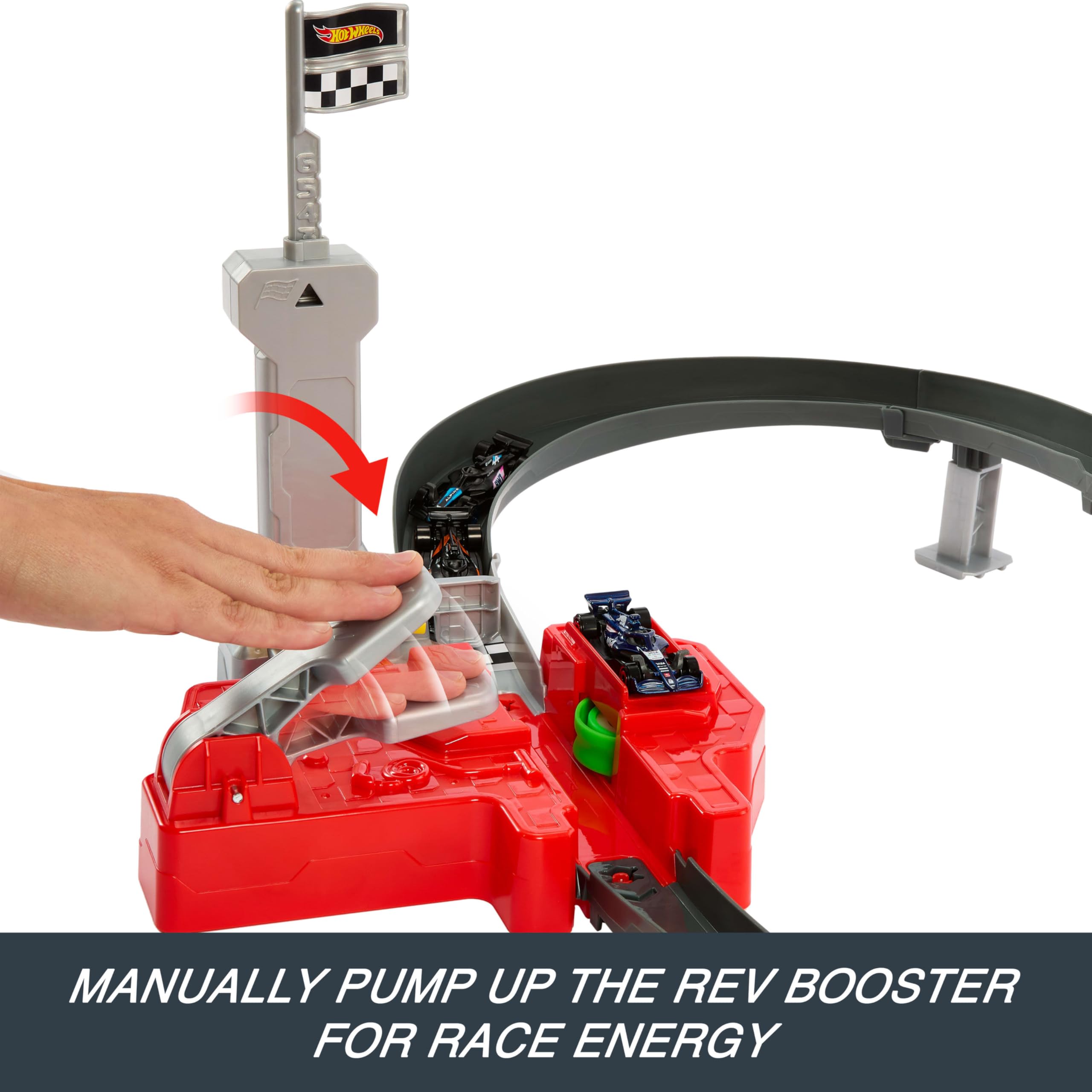 Hot Wheels Rev Launcher action for kid-powered boost.
