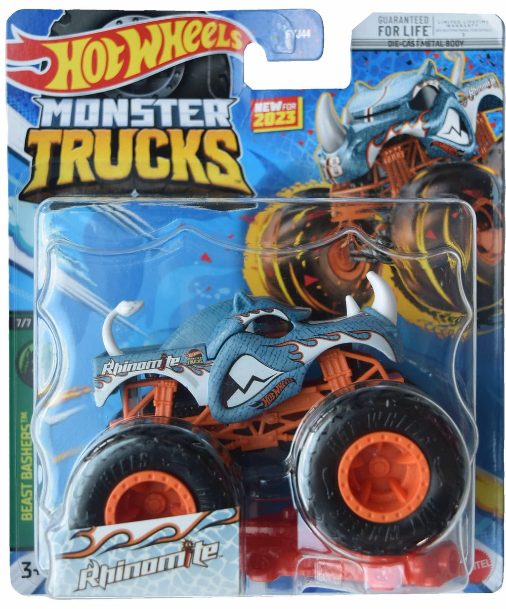 Hot Wheels Rhinomite Monster Truck in action, connect-and-crash play for kids and collectors.