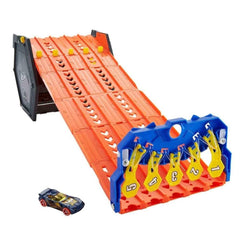 Hot Wheels Roll Out Raceway bucket open displaying space for up to 80 cars and five tracks