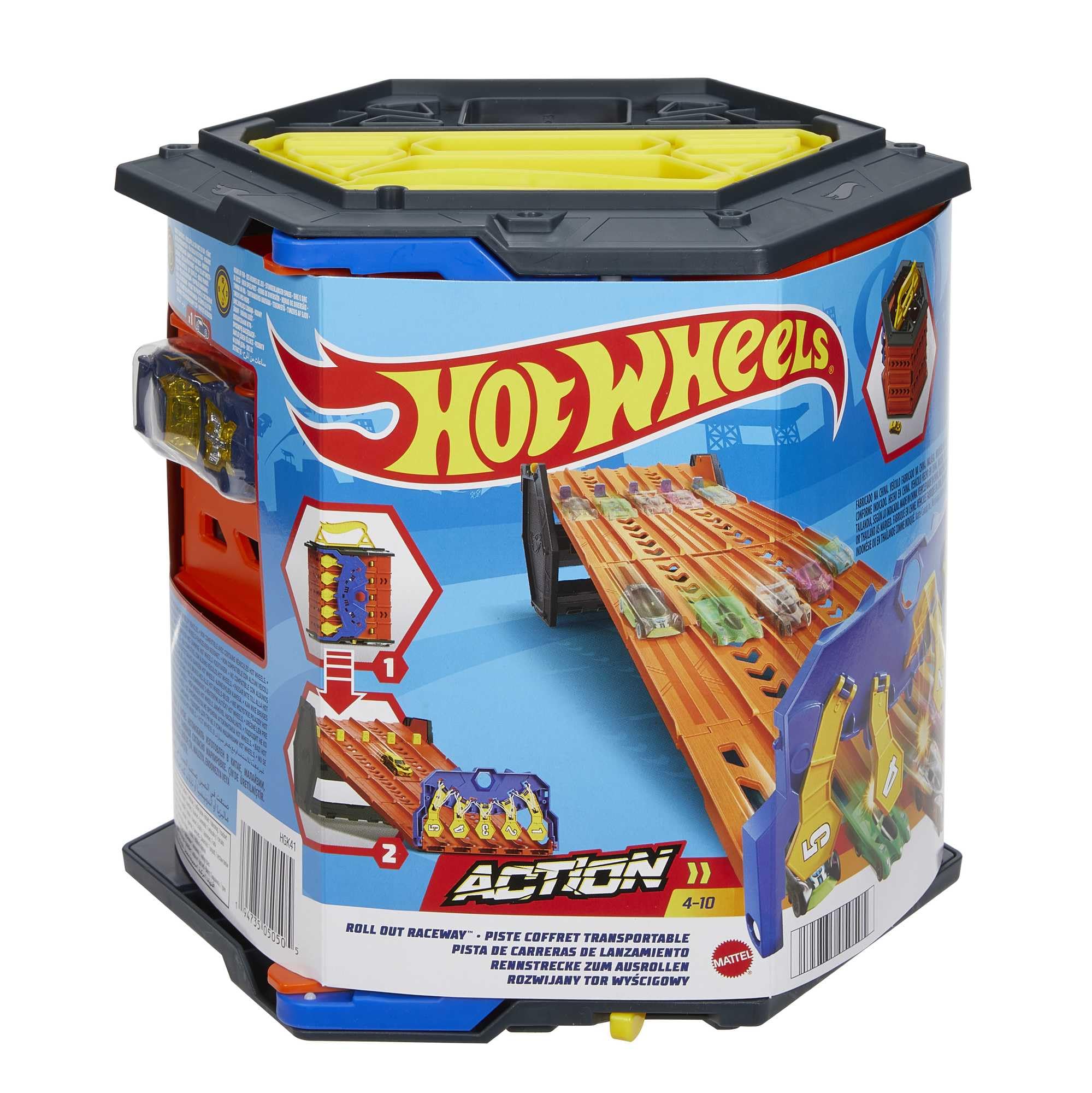 Hot Wheels Roll Out Raceway bucket storage with 5-lane track for portable play