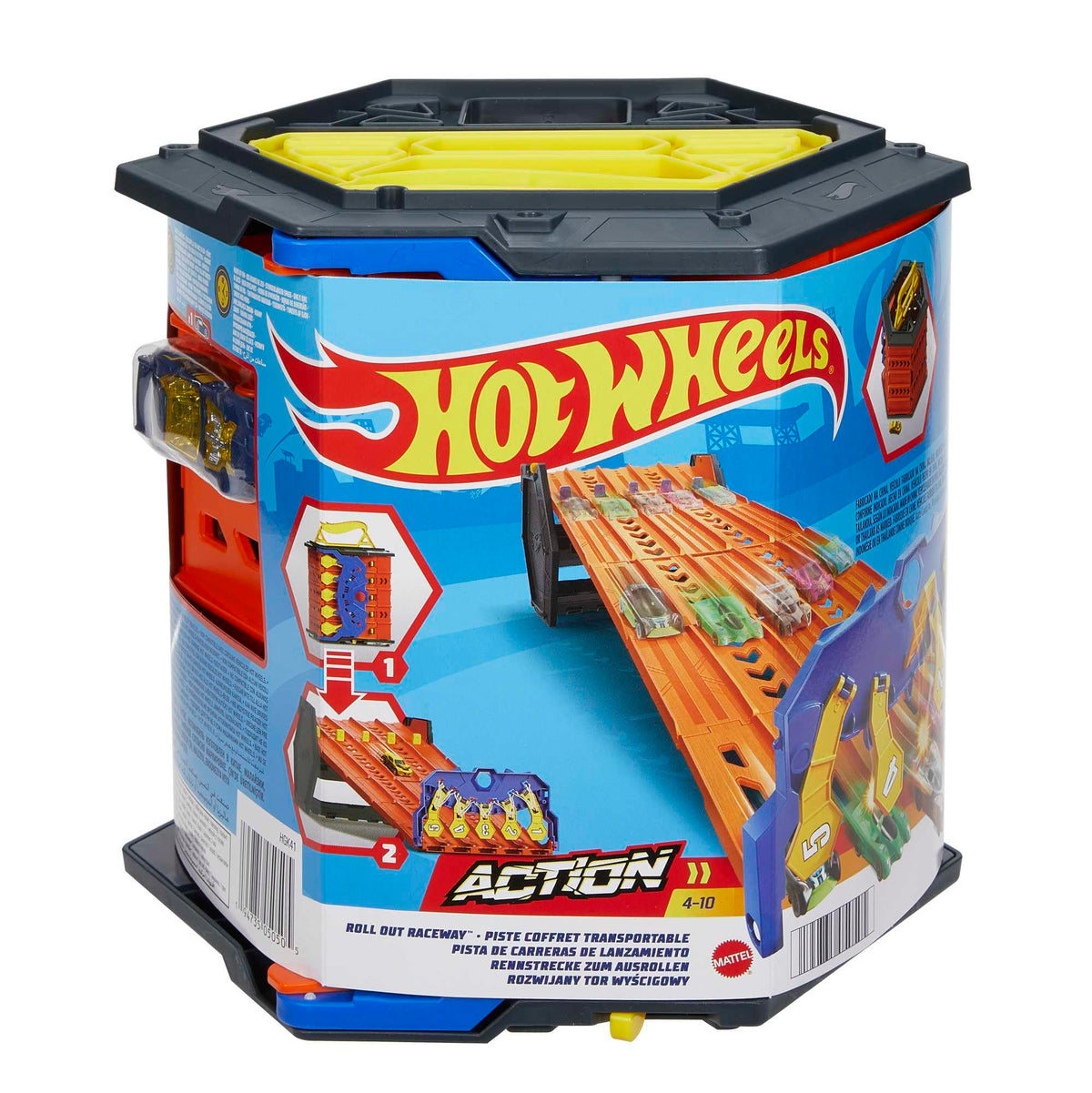Hot Wheels Roll Out Raceway bucket storage with 5-lane track for portable play