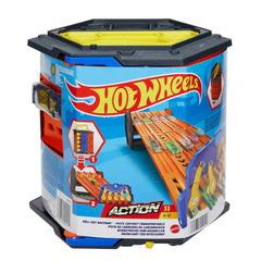 Hot Wheels Roll Out Raceway bucket storage with 5-lane track for portable play