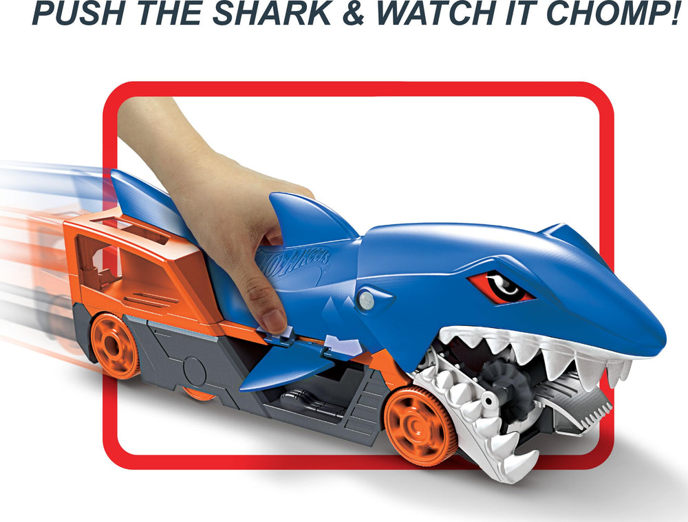Hot Wheels Shark Chomp Transport belly storage open to hold extra cars.