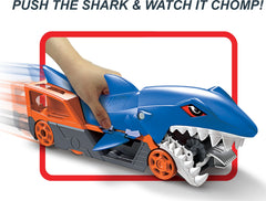 Hot Wheels Shark Chomp Transport belly storage open to hold extra cars.