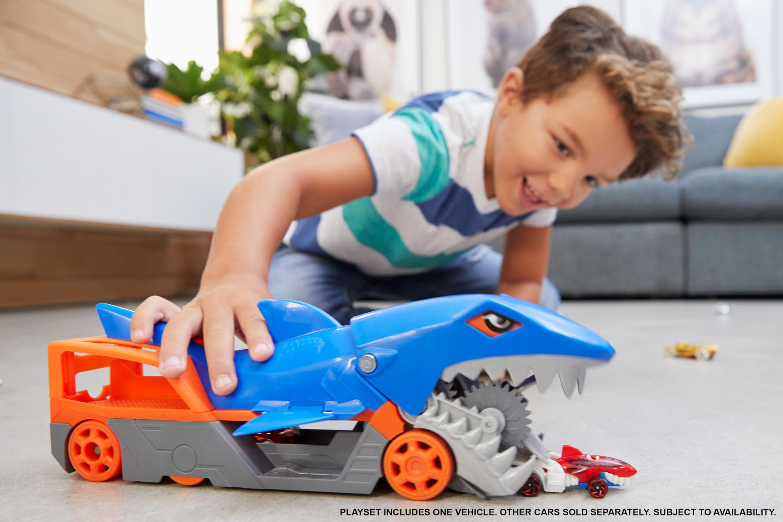 Hot Wheels Shark Chomp Transport chomping mechanism in action, ready to gulp a car.
