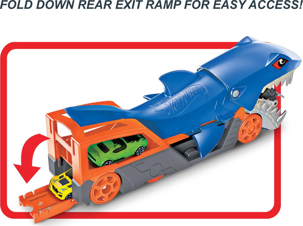 Hot Wheels Shark Chomp Transport back ramp enabling quick car release.