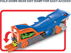 Hot Wheels Shark Chomp Transport back ramp enabling quick car release.