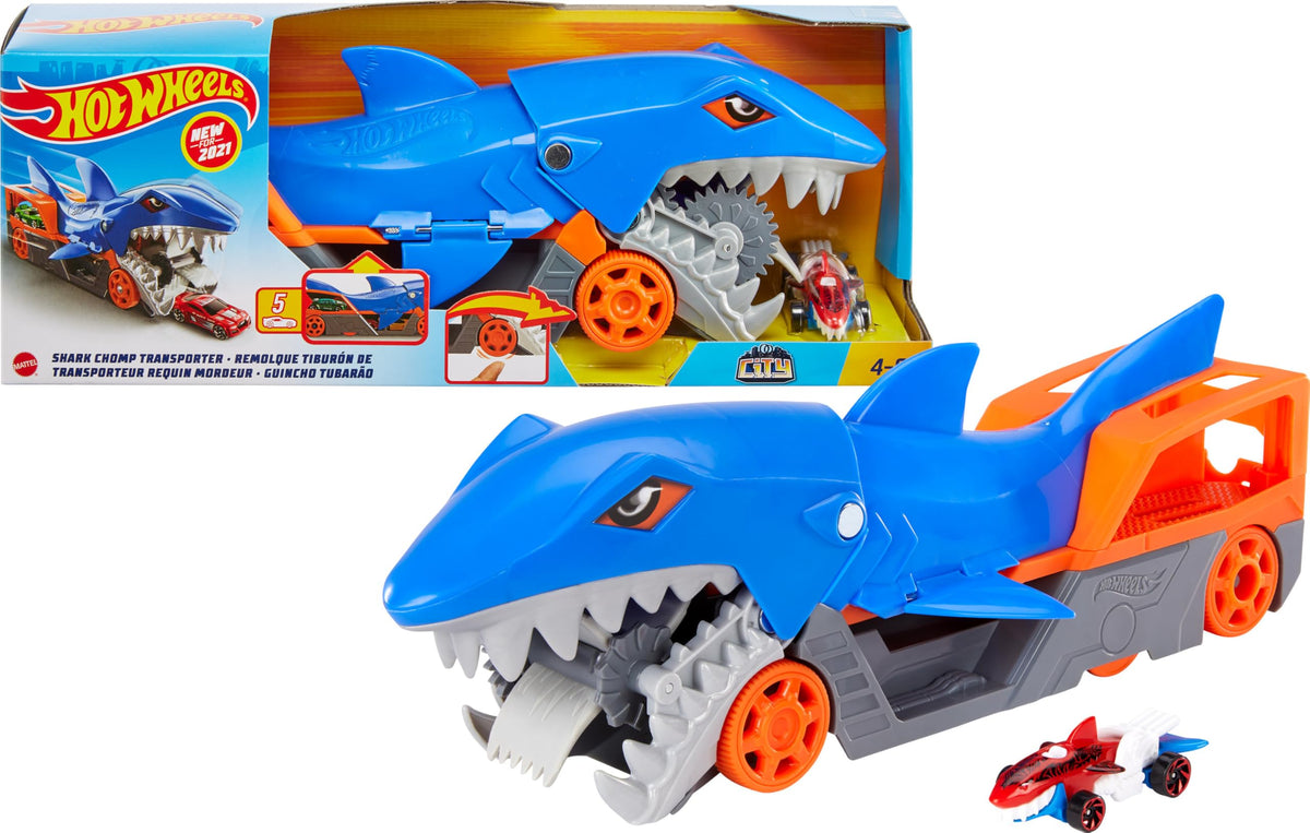 Hot Wheels Shark Chomp Transport front view shows bite and storage feature.