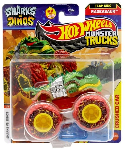 Hot Wheels Sharks vs Dinos 1:64-scale monster truck with red wheels for display and play
