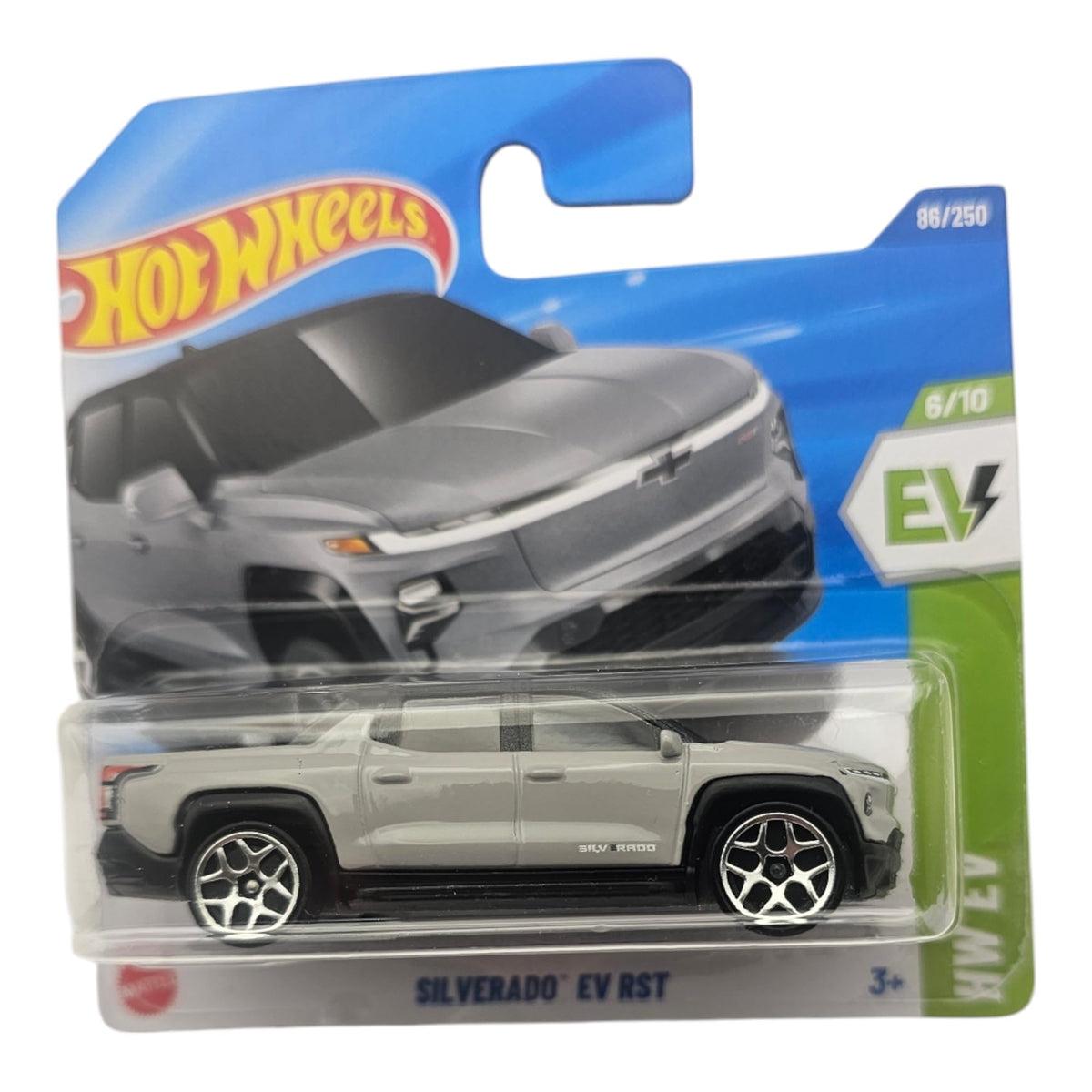 Hot Wheels Silverado EV RST 1:64 scale diecast, side view, authentic detailing for display