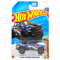 Hot Wheels Silverado Trail Boss LT blue die-cast car, ideal for display and collection.