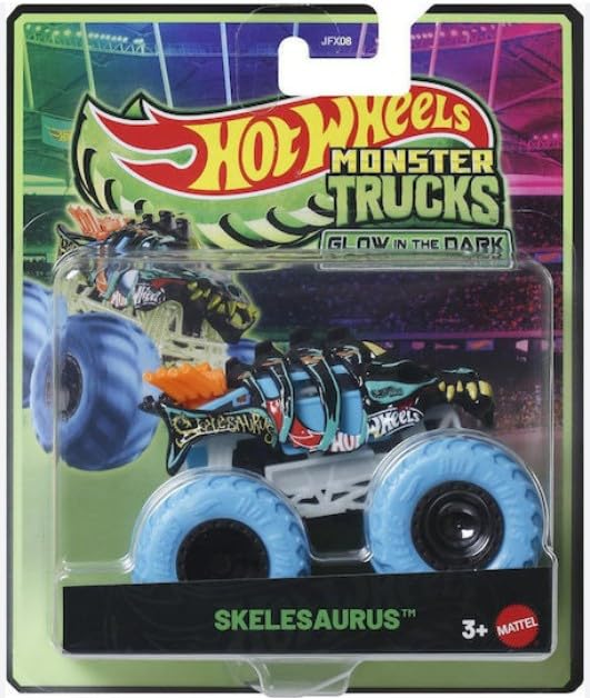 Hot Wheels Skelesaurus glow-in-the-dark monster truck for display and nighttime play.