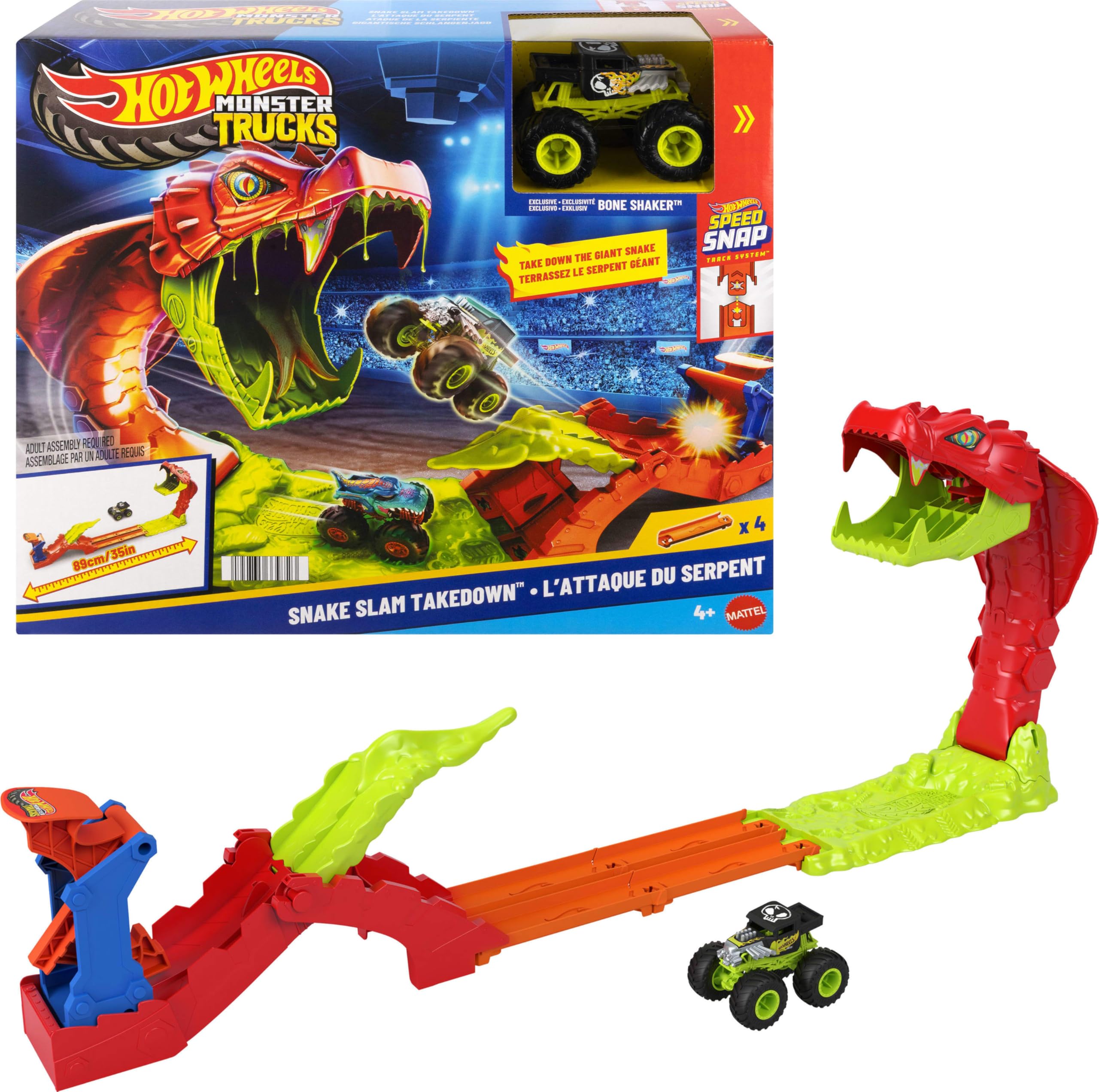 Hot Wheels Snake Slam Takedown track set with Bone Shaker ready for action-packed racing